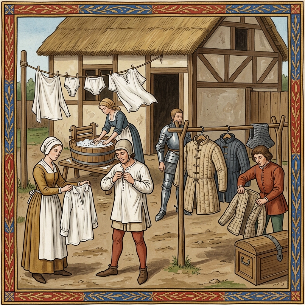 Ritter beim Lüften und Trocknen von Gambeson und Leinenunterwäsche im Mittelalter