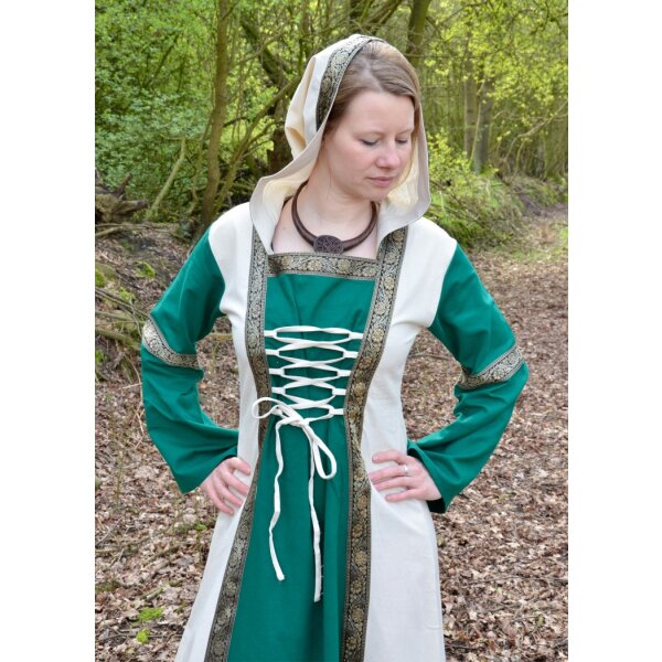 Fantasy-Mittelalter Kleid Eleanor mit Kapuze grün / natur weiß Größe S