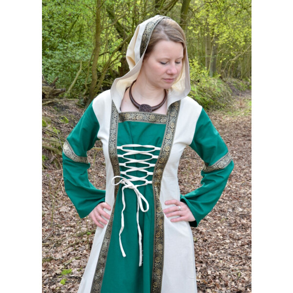 Fantasy-Mittelalter Kleid Eleanor mit Kapuze grün / natur weiß Größe L