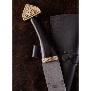 Seax Dagger, Damascus steel blade, horn hilt, leather sheath