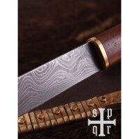 Viking Knife, Damascus Steel Blade and Wood/Brass Handle