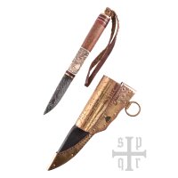 Wikinger-Messer, Damaststahl, Holz-/Knochengriff mit Rabenmotiv