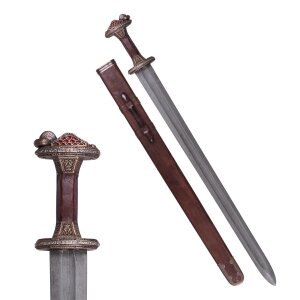 Vendelzeit-Schwert mit Scheide, Messingheft, Damaststahl