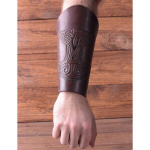 Bracer - Leather wristband with embossed thors hammer, brown