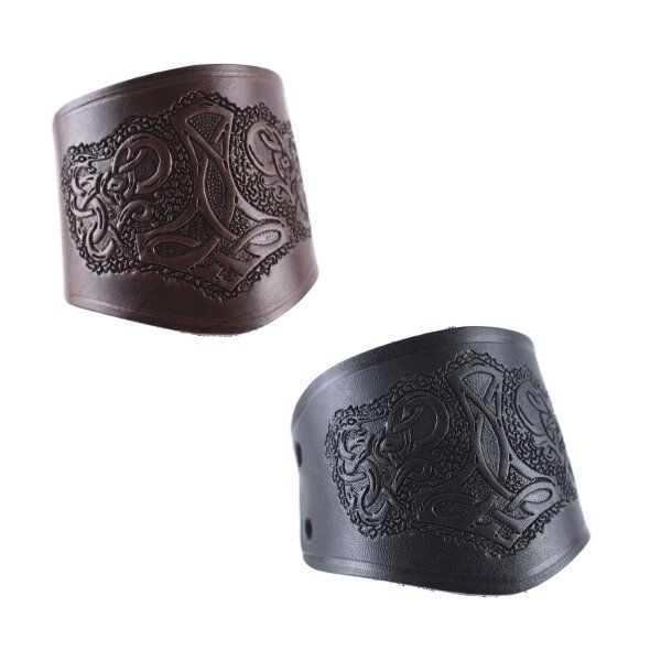 Bracer leather Wristguard with Thors Hammer Motif, short