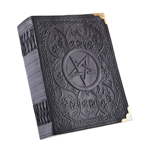 Schwarzes Lederbuch mit Pentagramm, ca. 18 x 23 cm