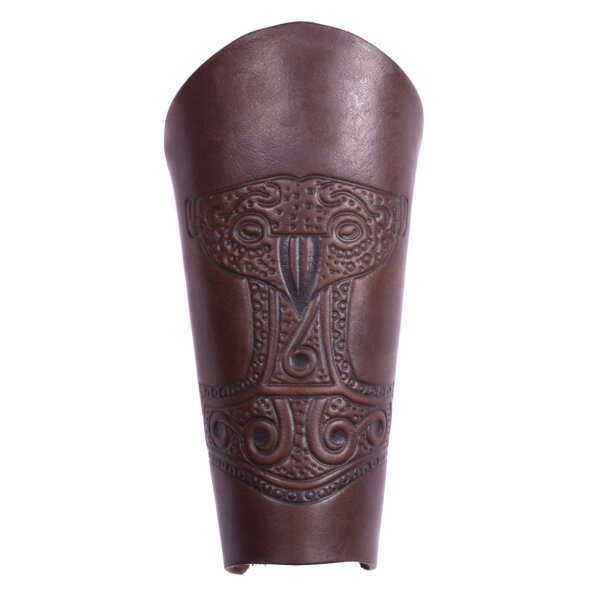 Bracer - Leather wristband with embossed thors hammer, brown, single