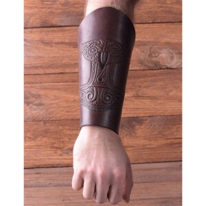 Bracer - Leather wristband with embossed thors hammer, brown, single