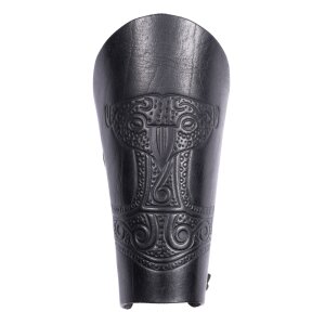 Bracer - Leather wristband with embossed thors hammer, black, single