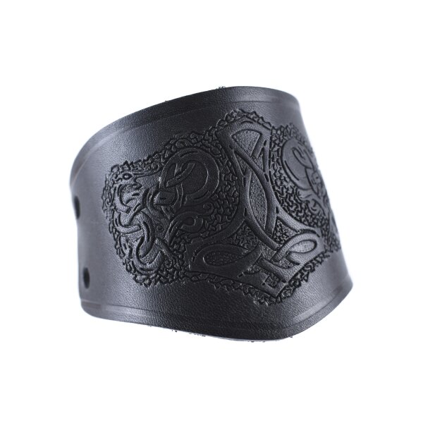 Bracer leather Wristguard with Thors Hammer Motif, short in black