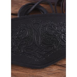 Bracer leather Wristguard with Thors Hammer Motif, short in black