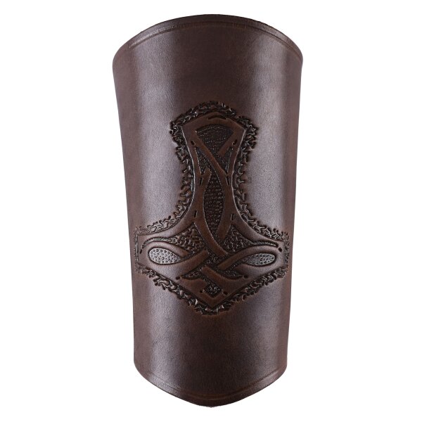 Bracer leather Wristguard with Thors Hammer Motif, long Brown