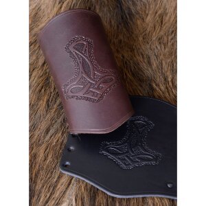 Bracer leather Wristguard with Thors Hammer Motif, long Brown