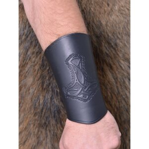 Bracer leather Wristguard with Thors Hammer Motif, long Brown