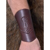 Bracer leather Wristguard with Thors Hammer Motif, long Brown