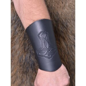 Bracer leather Wristguard with Thors Hammer Motif, long Black