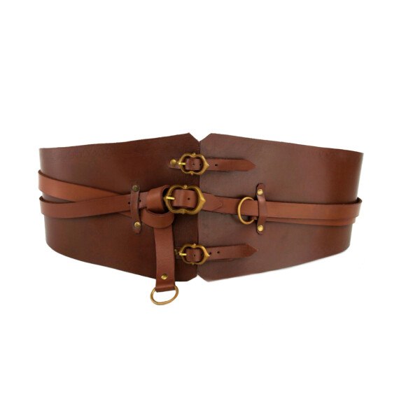 Leather bodice belt with 3 buckles and 2 rings brown 90cm