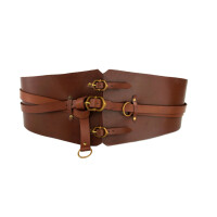 Leather bodice belt with 3 buckles and 2 rings brown 90cm