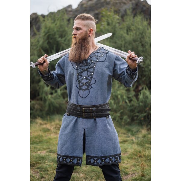 Viking tunic with genuine leather applications - blue