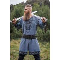 Viking tunic with genuine leather applications - blue S