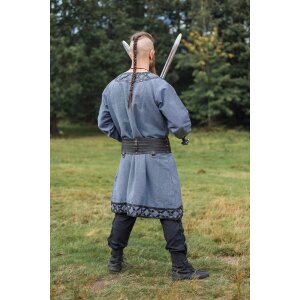 Viking tunic with genuine leather applications - blue L