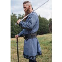 Viking tunic with genuine leather applications - blue XL