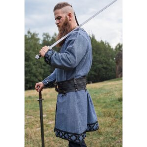 Wikinger Tunika mit Echtleder Applikationen - Blau XXXL