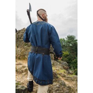 Viking tunic with genuine leather applications - dark blue L