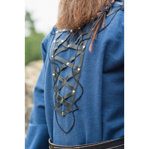 Viking tunic with genuine leather applications - dark blue XXL