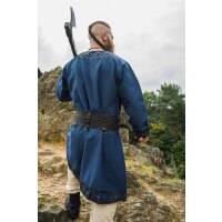 Viking tunic with genuine leather applications - dark blue XXL