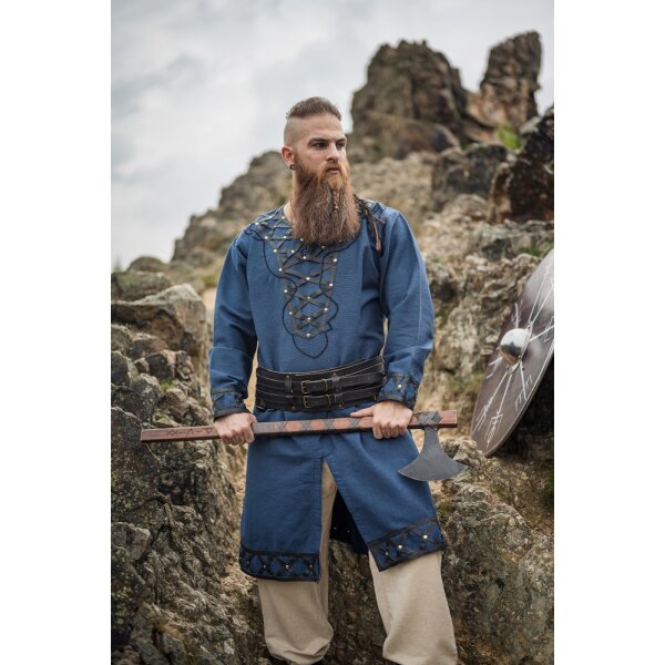 Viking tunic with genuine leather applications - dark blue XXXL