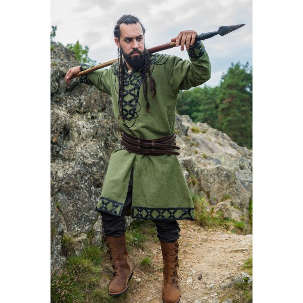 Viking tunic with genuine leather applications - green S