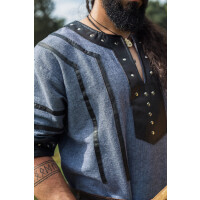 Viking short-sleeved Tunic with leather applications - blue-gray S