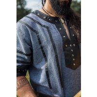 Viking short-sleeved Tunic with leather applications - blue-gray M