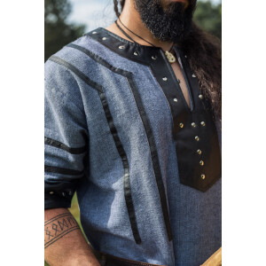 Viking short-sleeved Tunic with leather applications - blue-gray XL