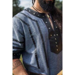 Viking short-sleeved Tunic with leather applications - blue-gray XXL