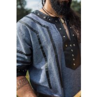 Viking short-sleeved Tunic with leather applications - blue-gray XXL