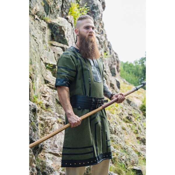 Viking short-sleeved Tunic with leather applications - green XXL