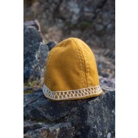 Wikinger Kappe aus Wolle mit Stickerei Senfgelb
