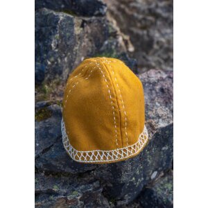 Wikinger Kappe aus Wolle mit Stickerei Senfgelb - S/M
