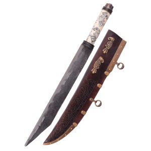 Viking longseax, bone handle with Nordic ravens Hugin and...