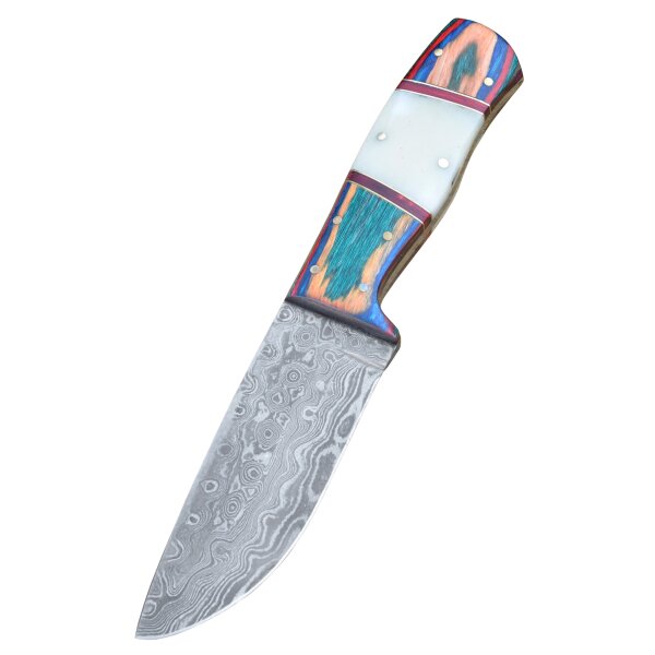 Knife from damascus blade wooden handle and bone element