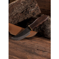 Hunting knife with wooden handle, about 20 cm and leather sheath