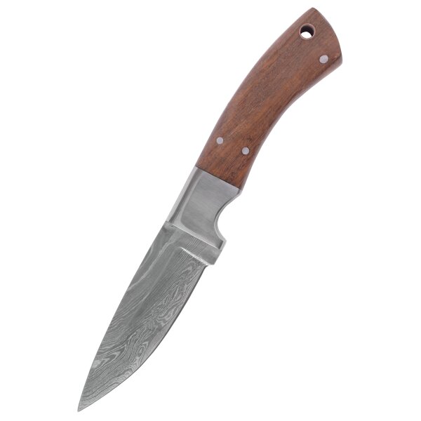 Damascus knife with wooden handle and leather sheath