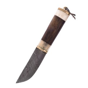 Utility knife with Damascus steel blade, bone/wood handle and leather sheath