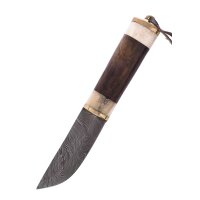 Utility knife with Damascus steel blade, bone/wood handle and leather sheath