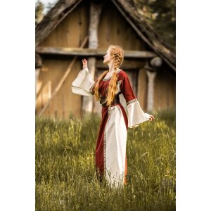 Mittelalterliches Kleid mit Bordüre "Sophie" - Natur/Rot