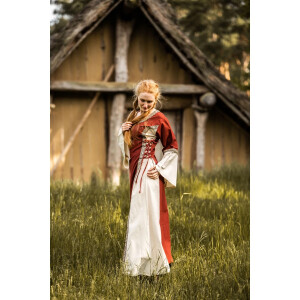 Mittelalterliches Kleid mit Bordüre "Sophie" - Natur/Rot  XS