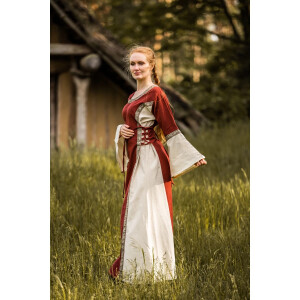 Mittelalterliches Kleid mit Bordüre "Sophie" - Natur/Rot  M