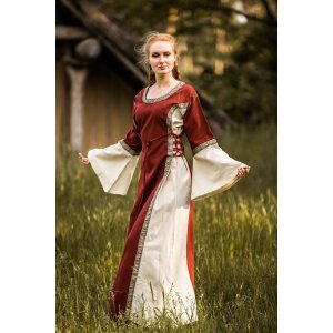 Mittelalterliches Kleid mit Bordüre "Sophie" - Natur/Rot  M